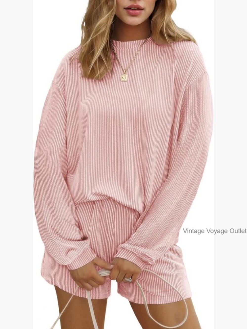 Women's Long Sleeve Pajama Set with Shorts and Pockets